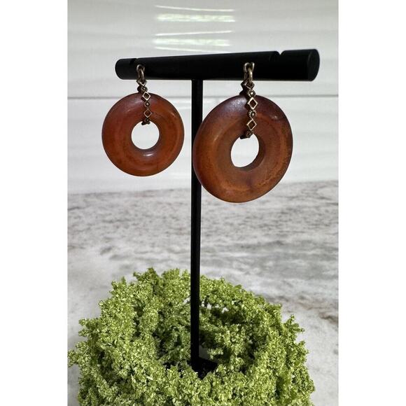 Antique Jewelry - 14k Gold Antique Honey Amber Drop Dangle Earrings